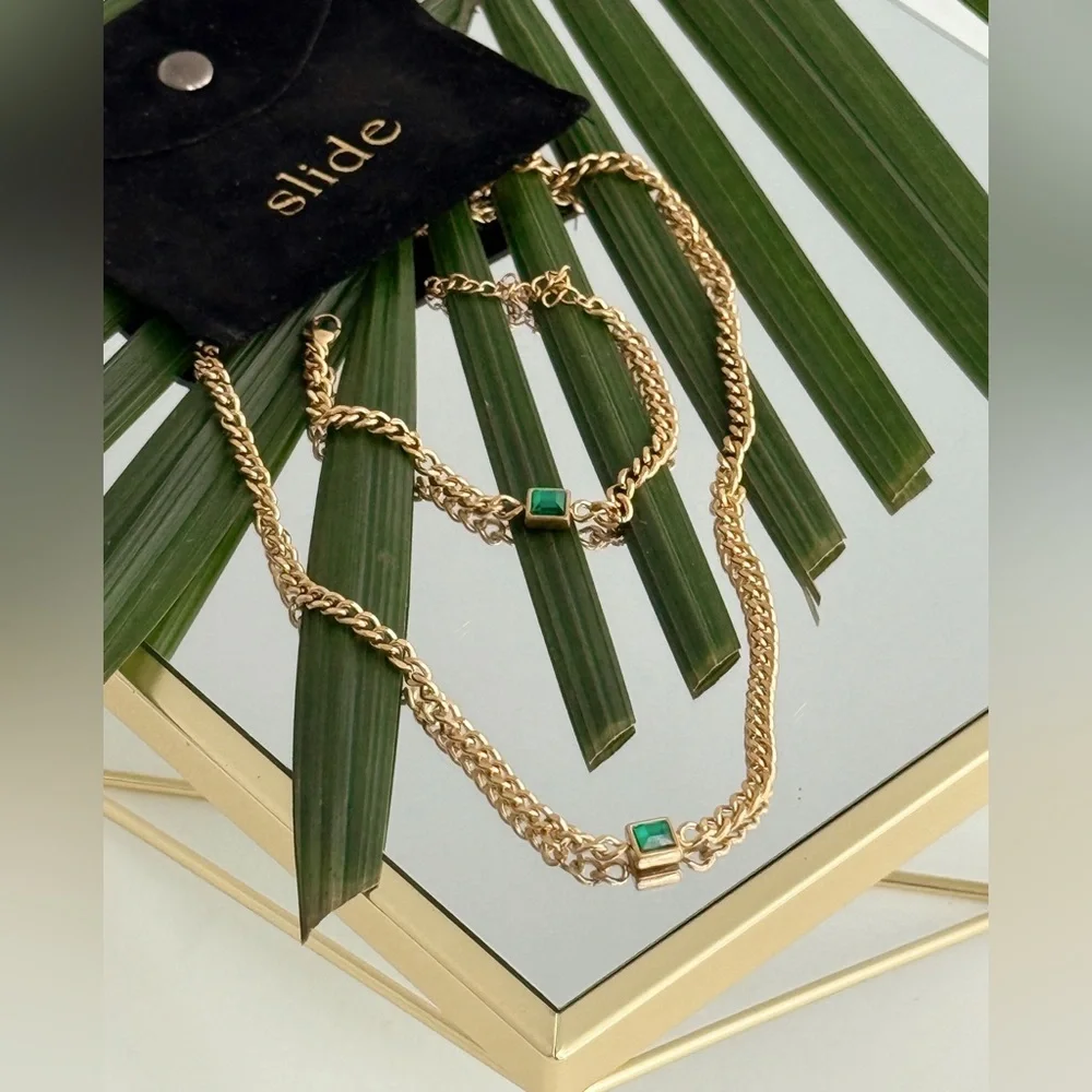 Gold Chain Necklace and Bracelet Set with Green Accents - Picture 2 of 4